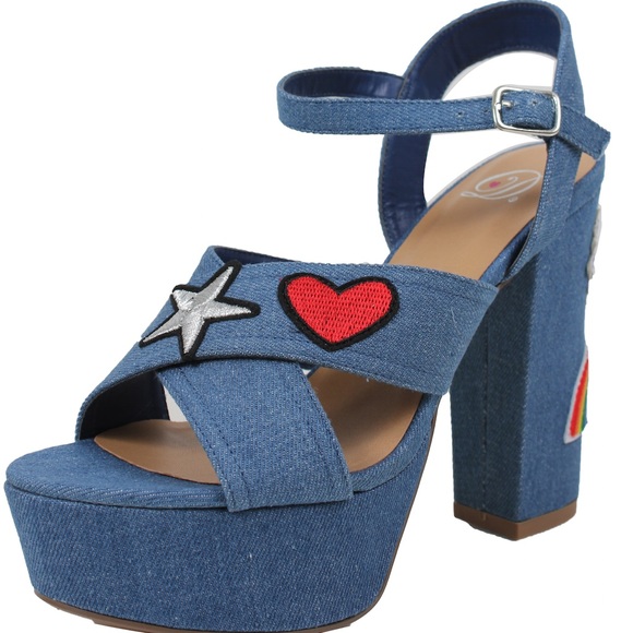 Shoes - Blue denim patched open toe ankle strap block heel